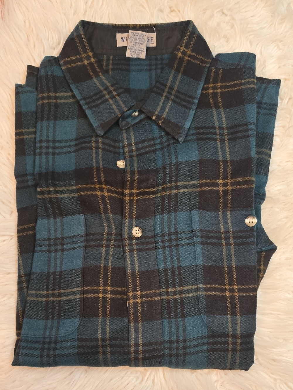 Windridge Men's Teal & Black Plaid Flannel Button-Down Shirt Vintage